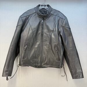 River Road Leather Motorcycle Jacket Men's L Black Laced Sides Lined Rugged